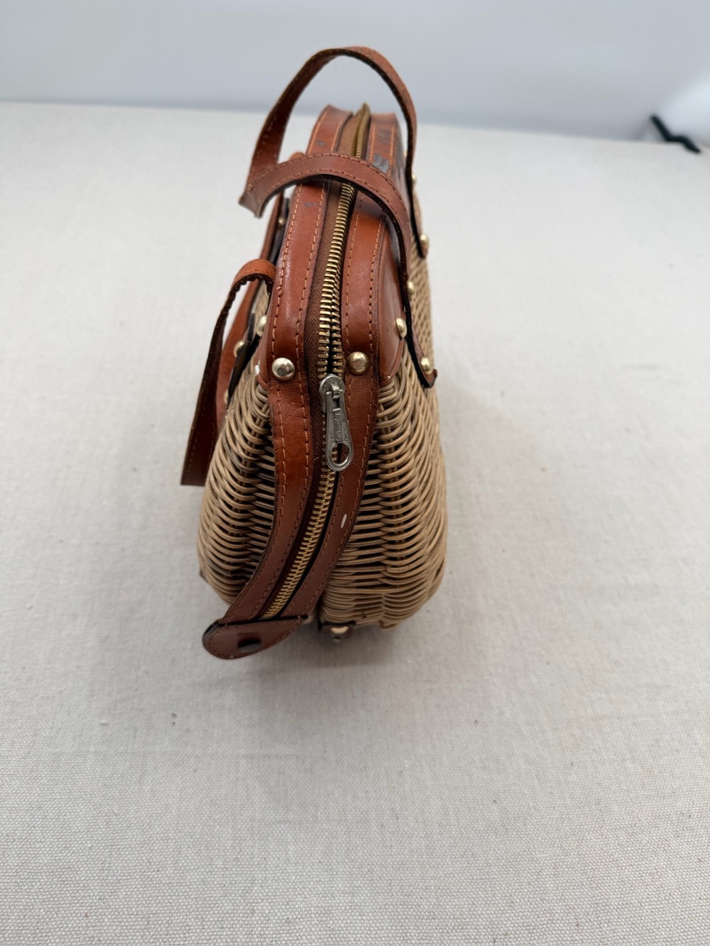 Vintage Woven Rattan Handbag with Brown Leather Trim - Picture 3 of 9